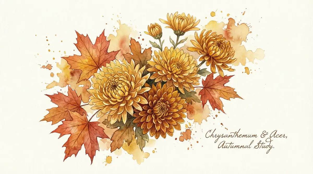 秋日菊花与红叶水彩画 - 小宝探花